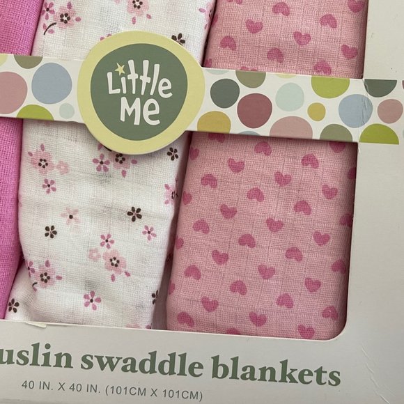 New Little Me Pink and White Infant Baby Girl Muslin Swaddle Blankets 3 pack - Picture 7 of 9